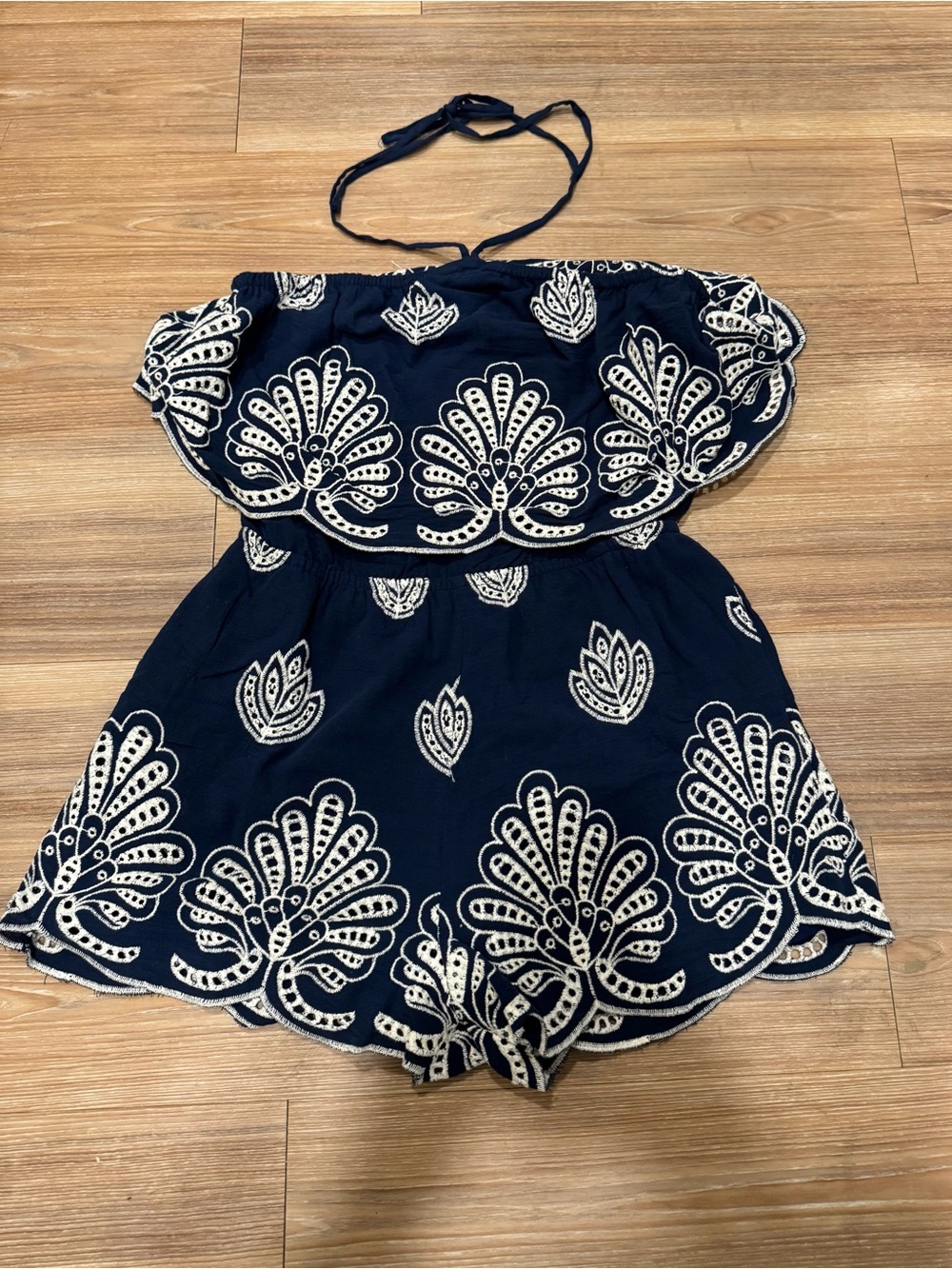 ILLA ILLA Navy Romper with White Embroidered Motifs